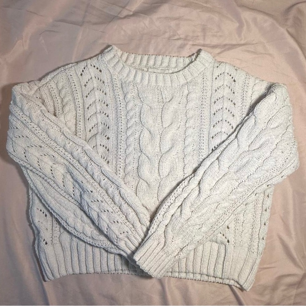 Pink Rose White Cable Knit Sweater